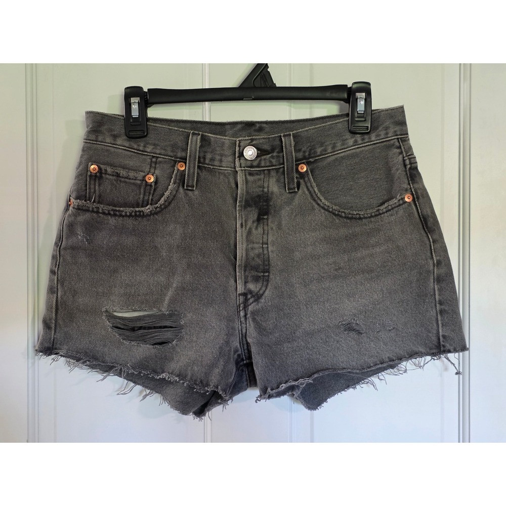 Levis 501 Original High Rise Gray Black Distressed Denim Cut Off Shorts W28 90s